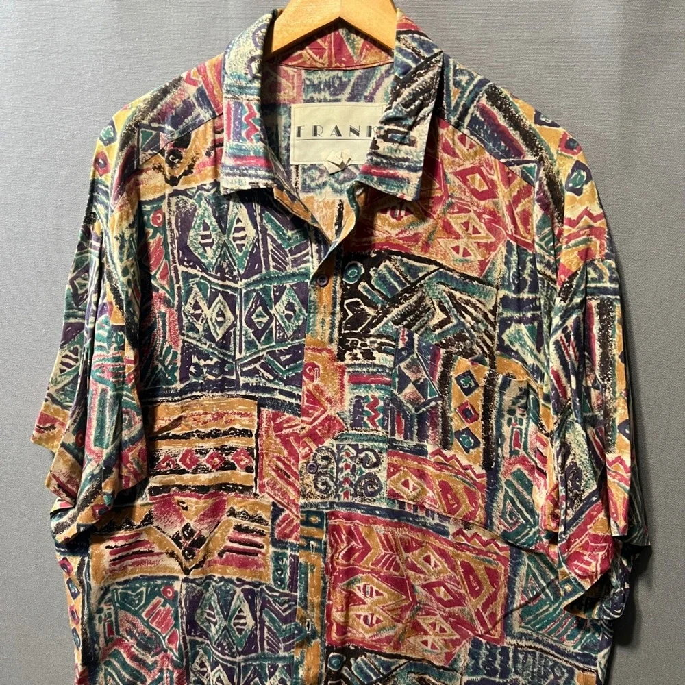 Vintage Abstract Geometric Print Button Down Shirt Mens XL Short Sleeve